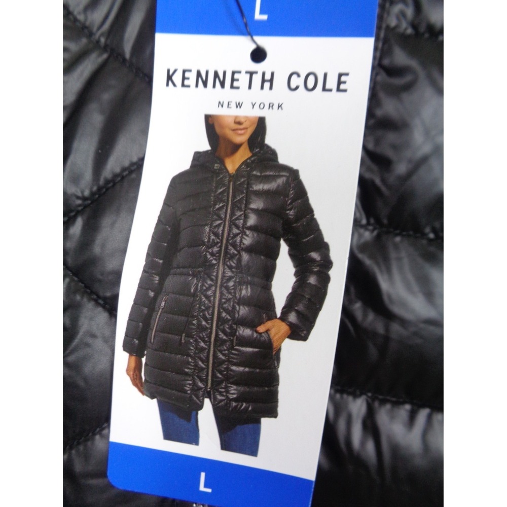 Kenneth Cole Womens Black Puffer Jacket Size Large Hooded Zip Front‎ NWT - Picture 2 of 6
